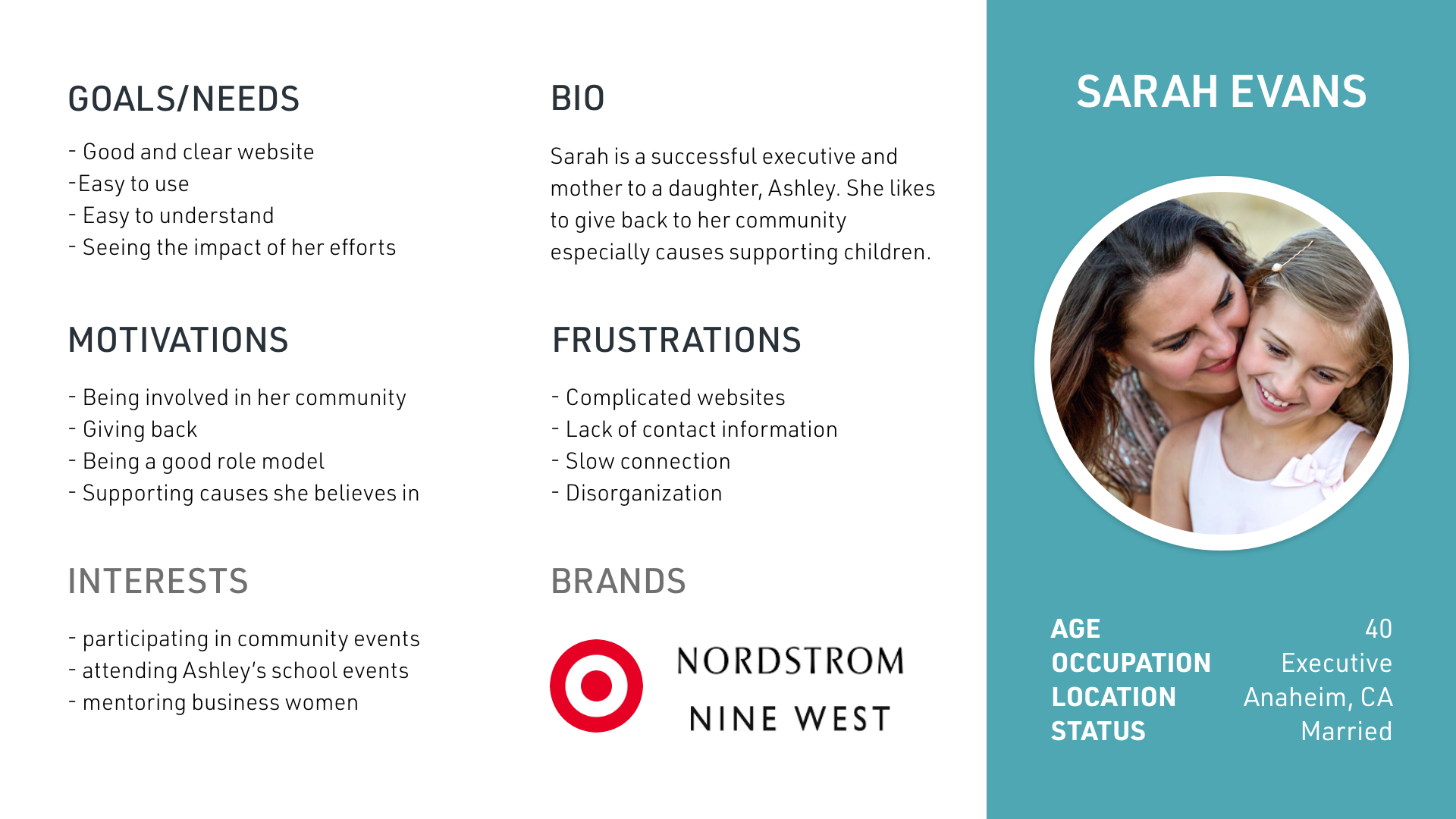 Proto persona of a typical site vistor. Sarah Eveans is a mother who is involved in her community and tends to contribute to causes invovling children.