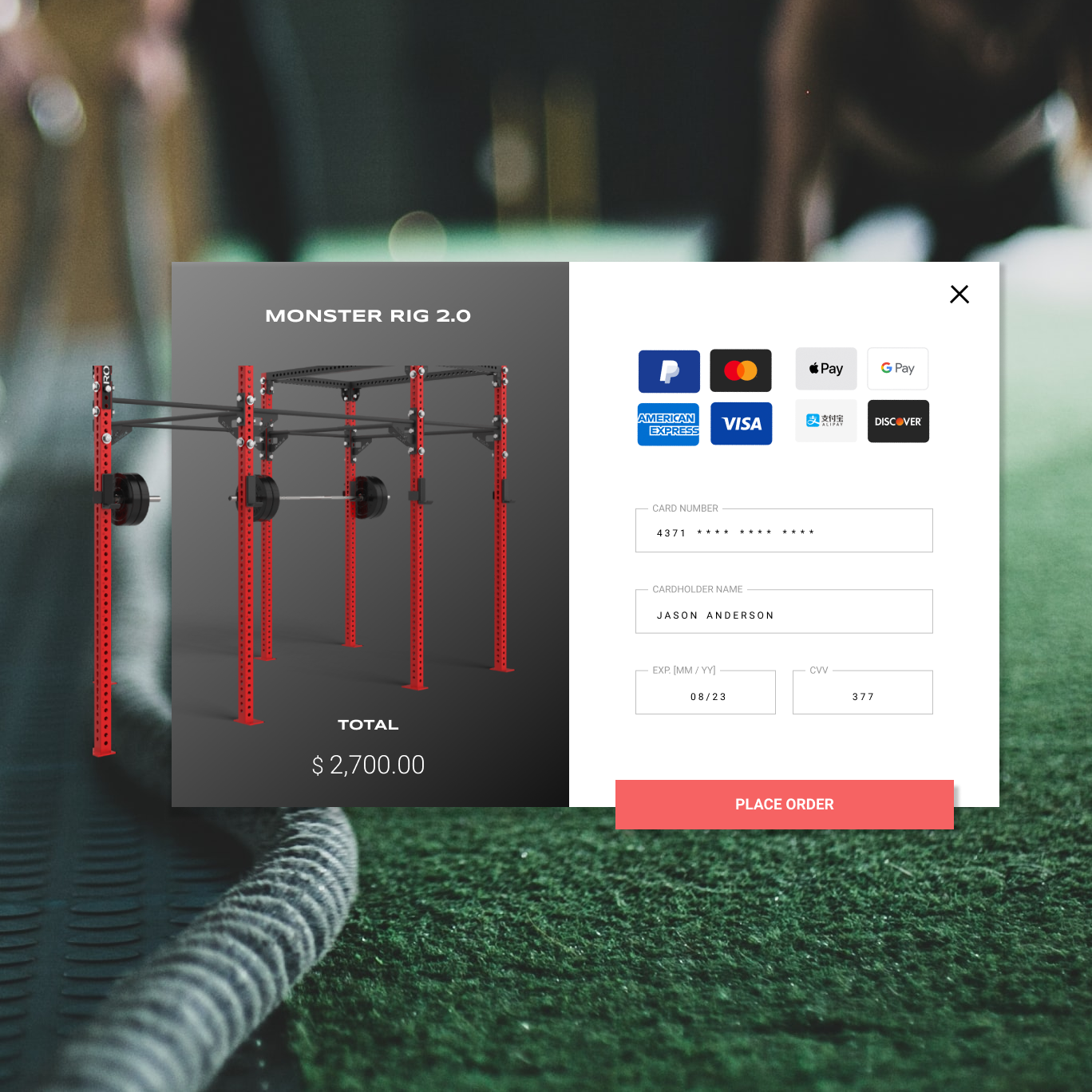 UI of a checkout screen for fitness equipment sale.
